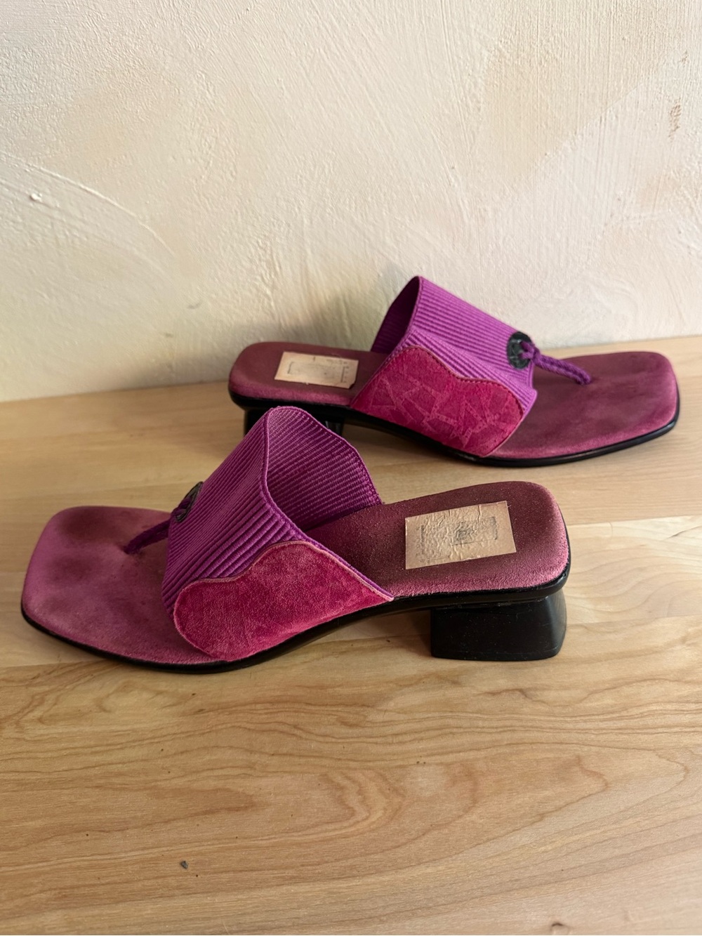 Y2K San Miguel Purple Pink Suede Square Toe Thong Sandals Size 9 Block Heel Mule